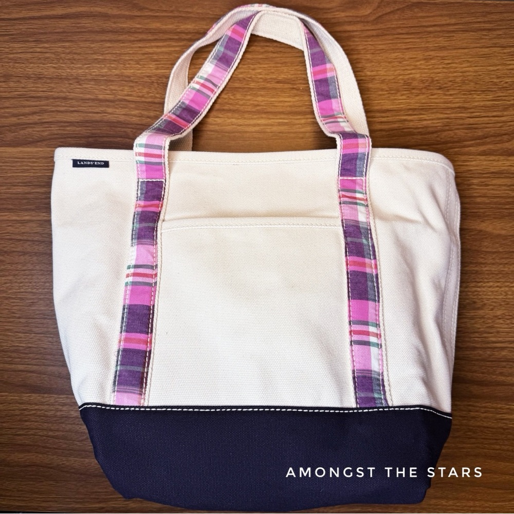 Lands' End Palm Pink Plaid Madras Handle Heavy Canvas Medium Tote Bag Vintage